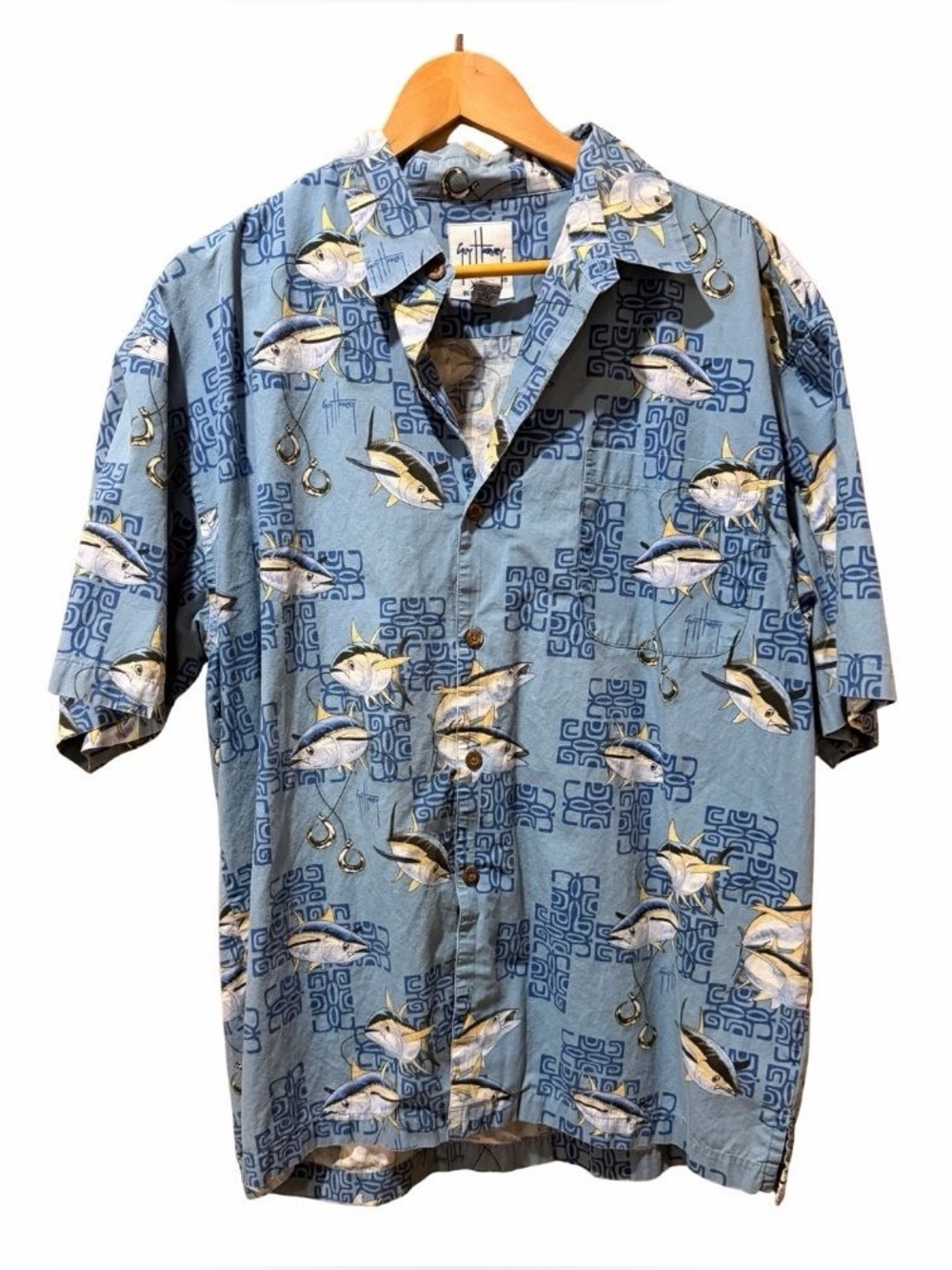 Guy Harvey Short Sleeve Tropical Tribal Fish Hawaiian Shirt Sz XL